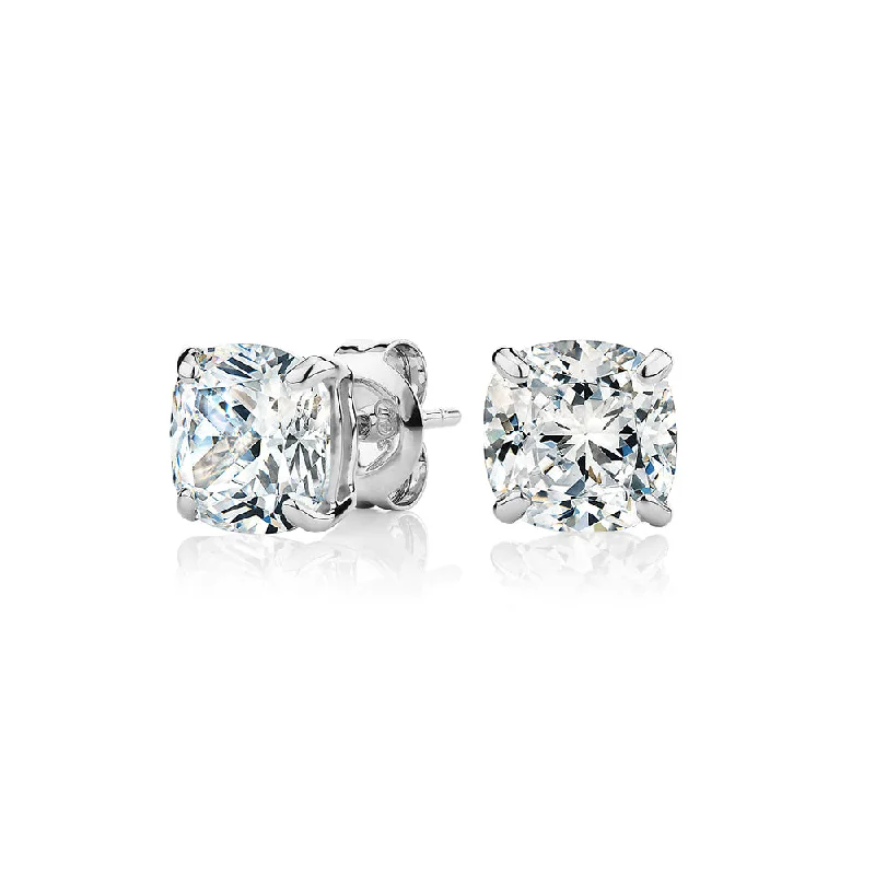 women's luxury diamond earrings-Cushion stud earrings with 3 carats* of diamond simulants in 10 carat white gold