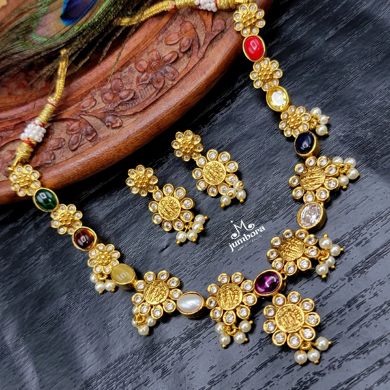 women's stylish chain necklaces-Navaratna AD Zircon Ram Parivar Necklace Temple Jewelry Set