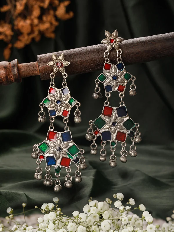 women's romantic diamond earrings-Silver-Plated Multi-Color Enameled & Beaded Floral Drop Earrings