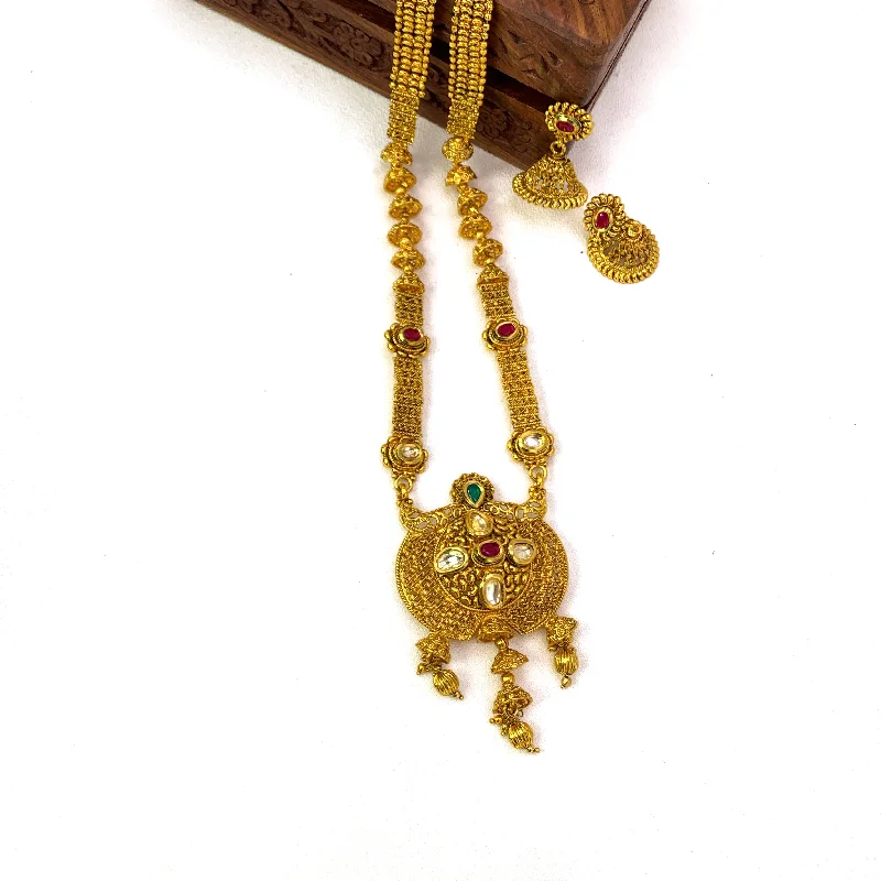 women's pendant necklaces-Traditional Long Antique Gold Necklace Set wiht Kundan stones and Jhumka