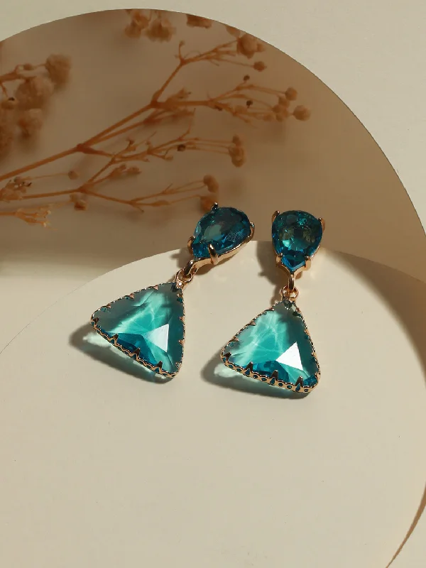 women's hoop earrings with crystals-Gold-Plated Teal Colored Transparent Stone Studded Contemporary Tear Drop Earrings