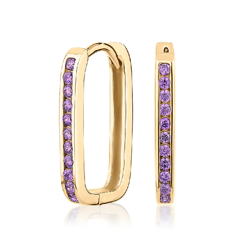 women's vintage earrings-Round Brilliant hoop earrings with amethyst simulants in 10 carat yellow gold