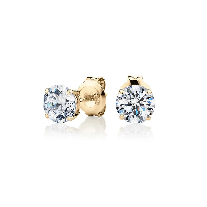 women's silver stud earrings-Round Brilliant stud earrings with 1.5 carats* of diamond simulants in 10 carat yellow gold