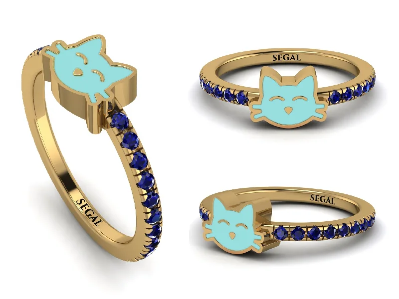 women's stackable rings-Elegant Enamel Cat Sapphire Ring - Cat No. 13