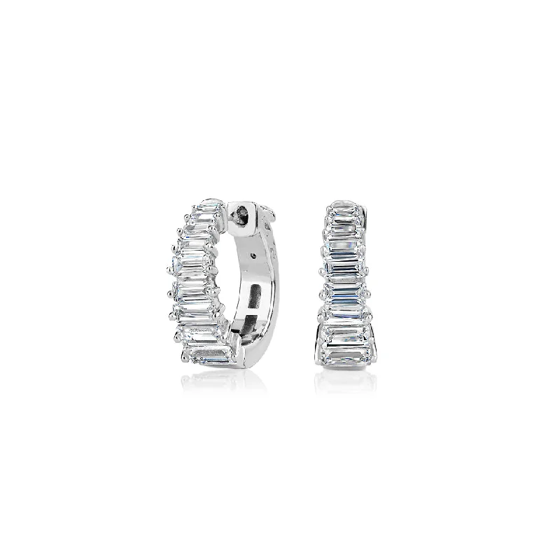 women's silver earrings-Emerald Cut hoop earrings with diamond simulants in sterling silver