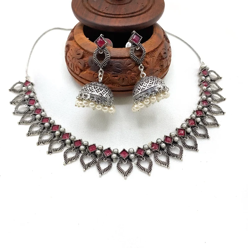 women's cubic zirconia necklaces-Elegant Oxidized Silver Necklace Set with Ruby Red stones and Jhumka