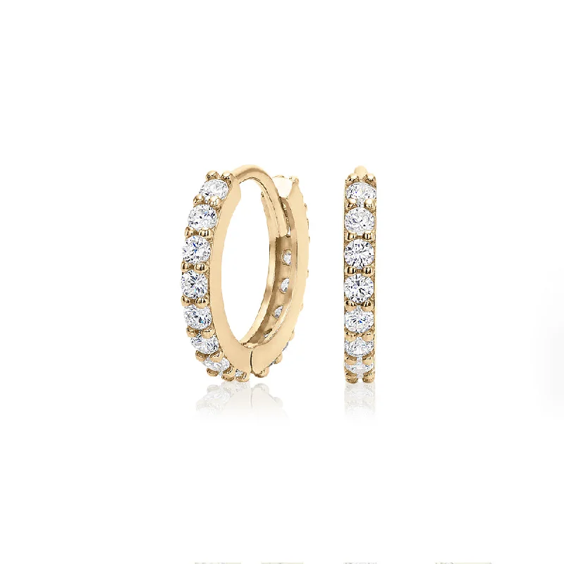 women's luxury earrings-Round Brilliant hoop earrings with diamond simulants in 10 carat yellow gold