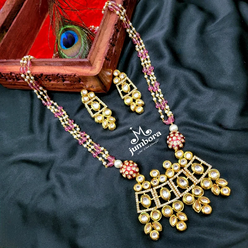 women's moonstone pendant necklaces-Pink Watermelon Tourmaline, AD & Kundan Necklace set