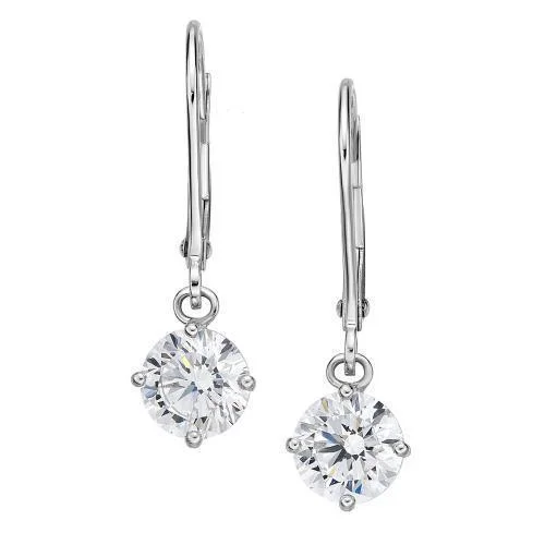 women's gemstone hoop earrings-Round Brilliant drop earrings with 2 carats* of diamond simulants in 10 carat white gold