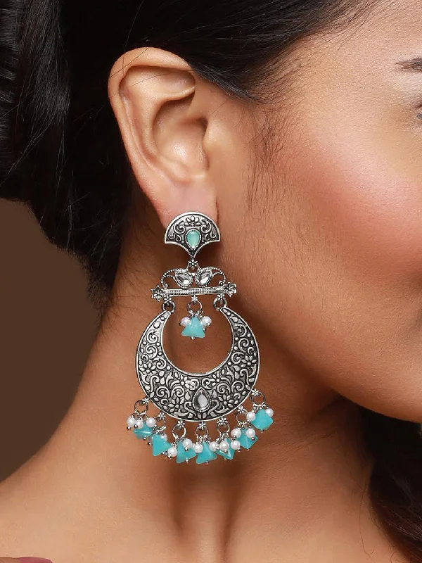 women's large hoop earrings-Oxidised Silver-Toned & Blue Stone Studded Chandbali Earrings