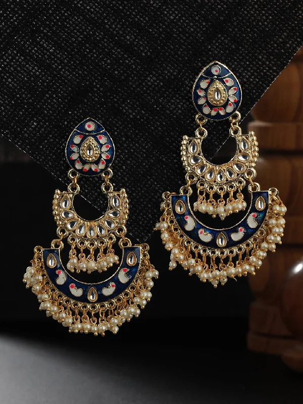 women's drop earrings-Blue Gold-Plated Meenakari & Pearls Beaded Chandbalis Earrings