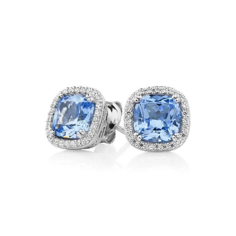 women's sparkling earrings-Cushion and Round Brilliant halo stud earrings with blue topaz simulants and 2.81 carats* of diamond simulants in sterling silver