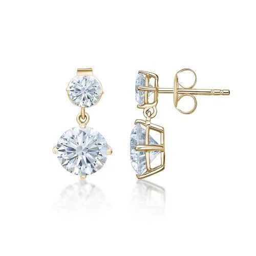 women's elegant drop earrings-Round Brilliant drop earrings with 5 carats* of diamond simulants in 10 carat yellow gold