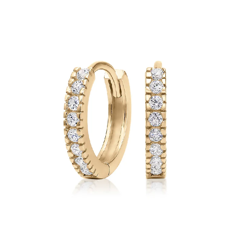 women's statement ear cuffs-Round Brilliant hoop earrings with diamond simulants in 10 carat yellow gold