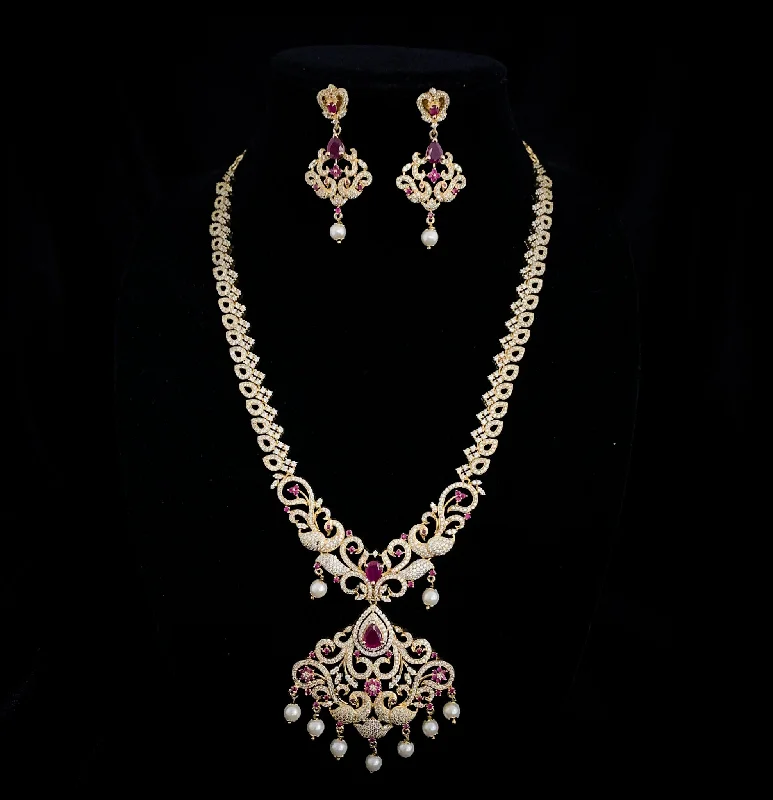 women's gemstone drop necklaces-Captivating Peacock Long Zircon Necklace set with Ruby red and white CZ stones