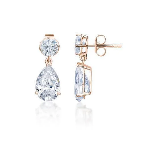 women's glamorous earrings-Pear and Round Brilliant drop earrings with 4.52 carats* of diamond simulants in 10 carat rose gold