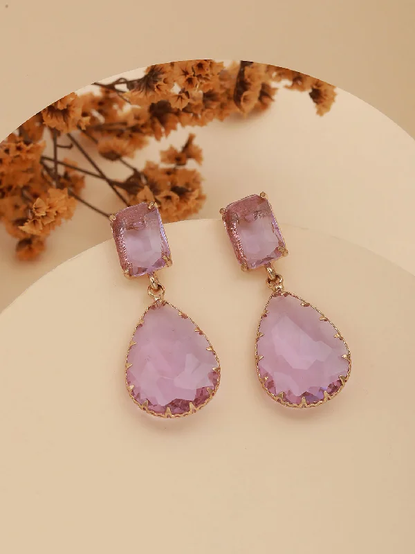 women's celestial charm earrings-Jazz and Sizzle Gold-Plated Lavender Pink Transparent Stone Studded Contemporary Tear Drop Earrings