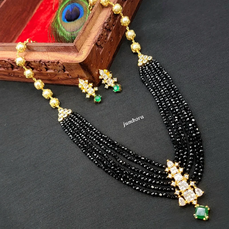 women's fashion chain necklaces-Handmade Black crystal Beads Necklace with White AD pendant set