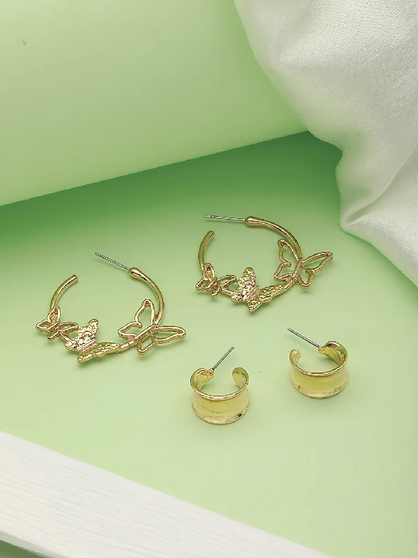 women's trendy earrings-Set Of 2 Gold-Toned Butterfly Shaped Half Hoop Earrings