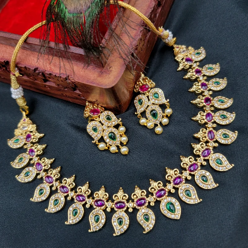 women's gold necklaces-Elegant Traditional Mango AD Zircon Kemp Necklace Set