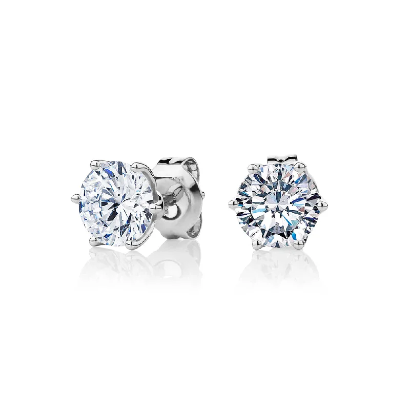 women's custom-made earrings-Round Brilliant stud earrings with 2 carats* of diamond simulants in 10 carat white gold