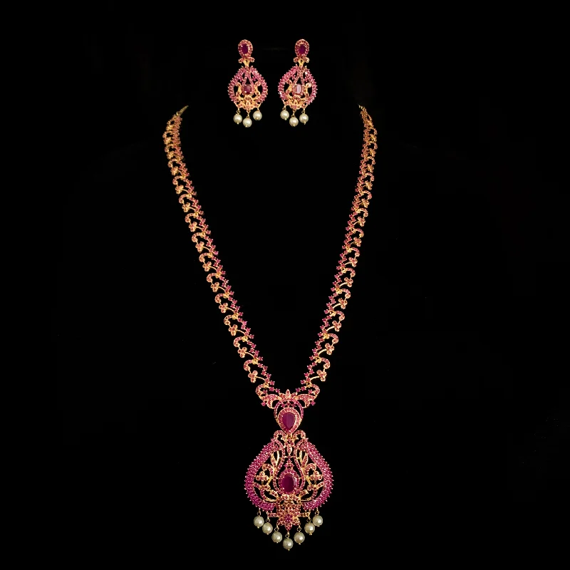 women's butterfly necklaces-Exquisite Traditional Long Ruby Red Zircon (CZ) Haaram Necklace Set with pearl dangle