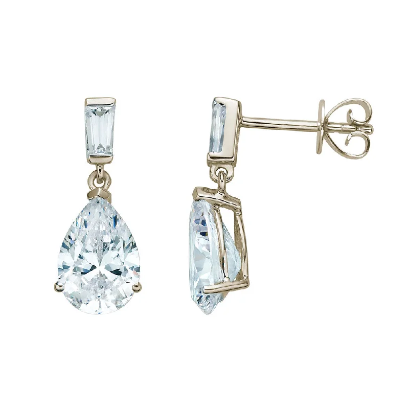 women's silver dangly earrings-Pear and Baguette drop earrings with 3.9 carats* of diamond simulants in 10 carat yellow gold