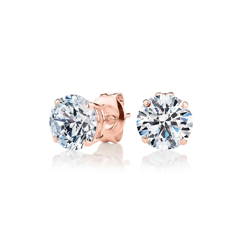 women's trendy earrings-Round Brilliant stud earrings with 2.5 carats* of diamond simulants in 10 carat rose gold