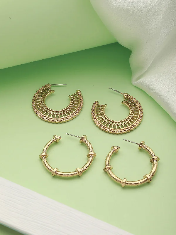 women's sparkling earrings-Set Of 2 Gold-Toned Half Hoop Earrings