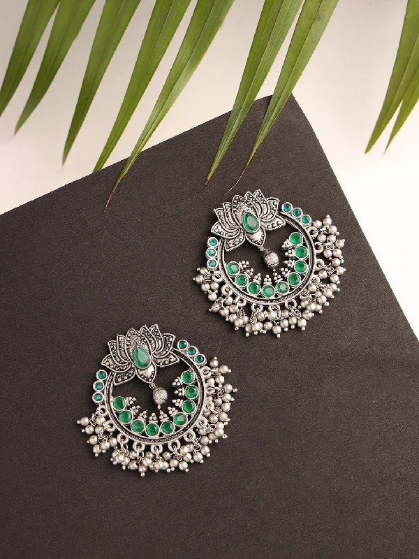 women's luxurious earrings-Green & Silver-Toned Lotus Shaped Chandbalis Earrings