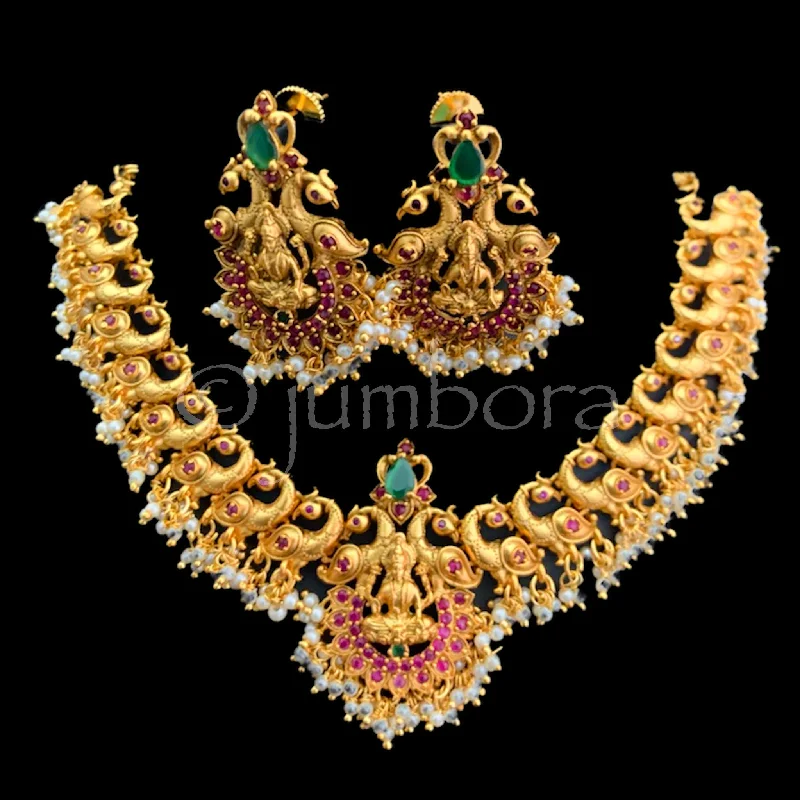 women's romantic necklaces-Lakshmi Peacock Matte Antique Gold Necklace with Pearls