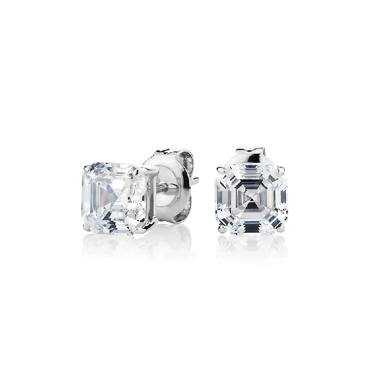 women's clip-on earrings-Asscher stud earrings with 2 carats* of diamond simulants in 10 carat white gold