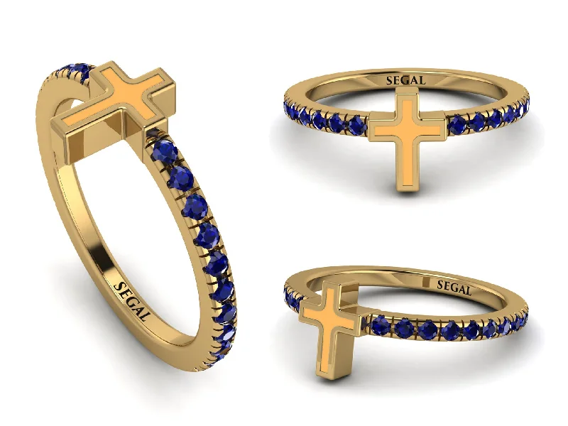 women's luxury engagement rings-Elegant Enamel Cross Sapphire Ring - Cross No. 13