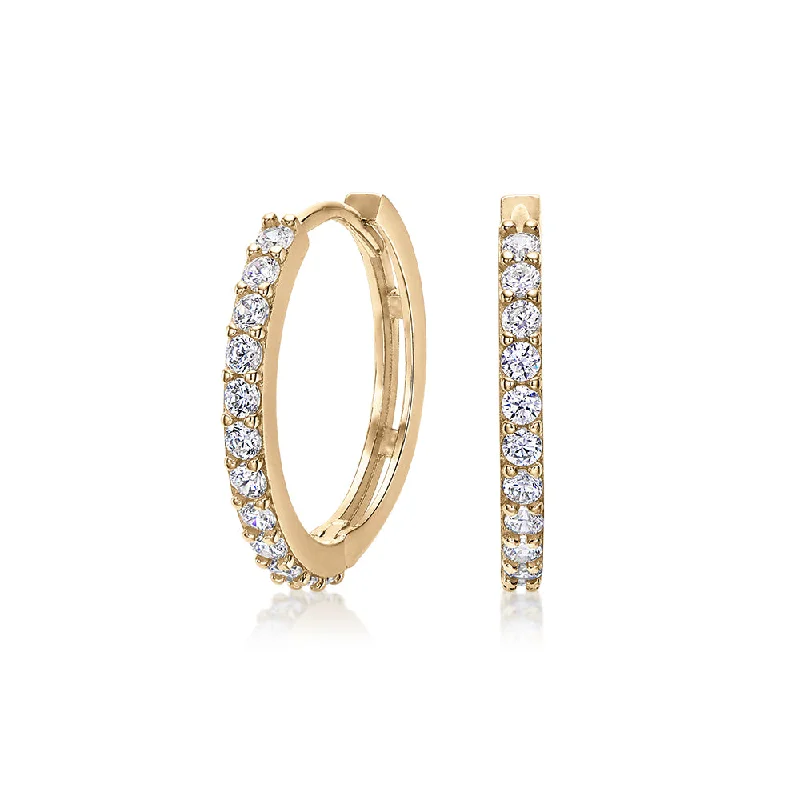 women's statement earrings-Round Brilliant hoop earrings with diamond simulants in 10 carat yellow gold