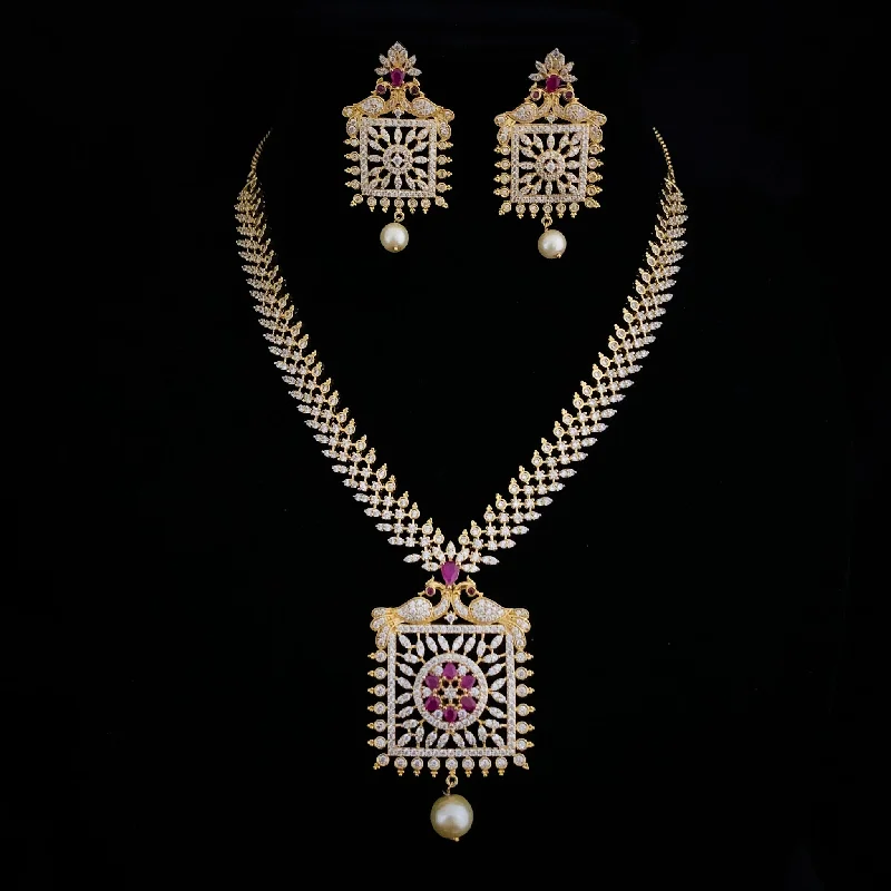 women's luxury pearl necklaces-Dazzling White Zircon (CZ) stone Necklace Set with Unique Square Pendant and Peacock work