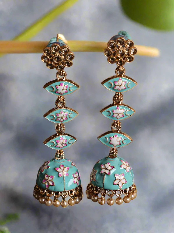 women's glamorous earrings-Green & Meenakari Enamel Pink Floral Long Jhumka Earrings