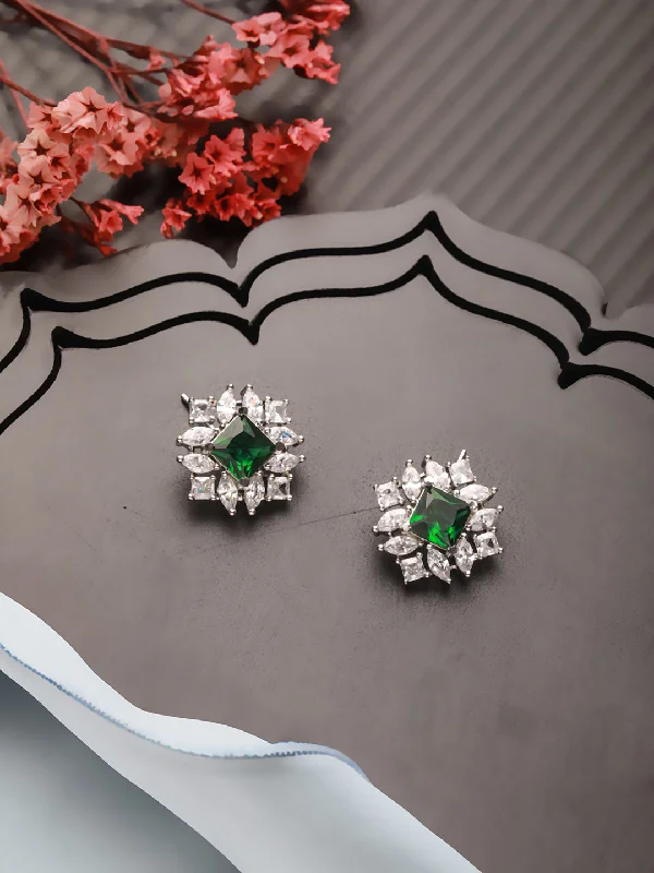 women's gold stud earrings-Silver-Toned & Green Cubic Zirconia-Studded Classic Studs Earrings