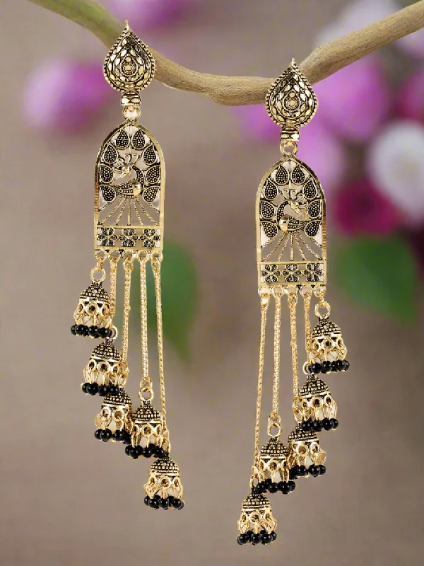 women's boho style earrings-Jazz And Sizzle Designer Gold Plated Peacock Shape Enameled Traditional Everyday Drop Earrings