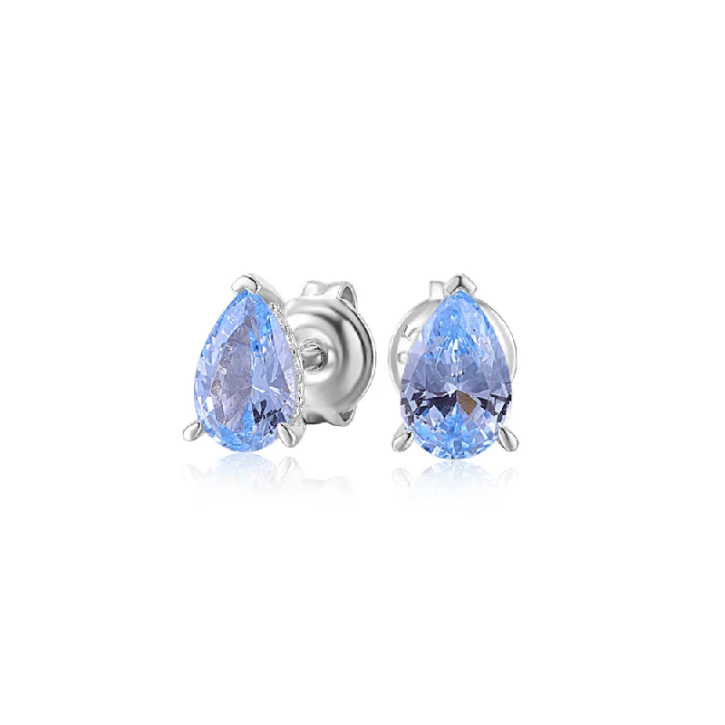 women's bold earrings-Pear stud earrings with blue topaz simulants in sterling silver