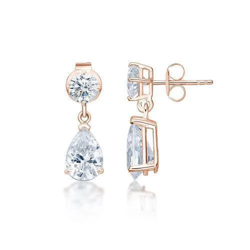 women's adjustable earrings-Pear and Round Brilliant drop earrings with 1.92 carats* of diamond simulants in 10 carat rose gold