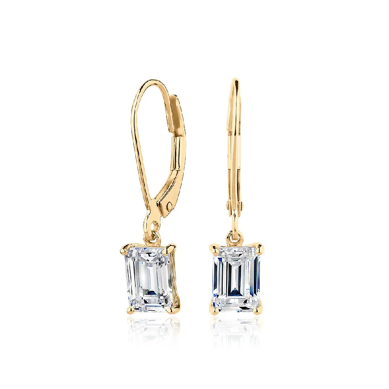 women's elegant drop earrings-Emerald Cut drop earrings with 2 carats* of diamond simulants in 10 carat yellow gold