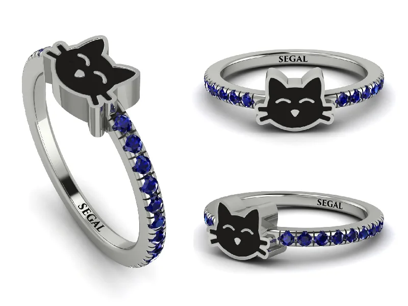 women's cushion-cut rings-Elegant Enamel Cat Sapphire Ring - Cat No. 15