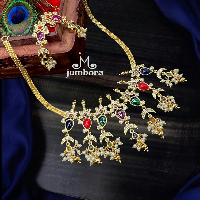 women's high-end designer necklaces-Navaratna AD Zircon Necklace Set