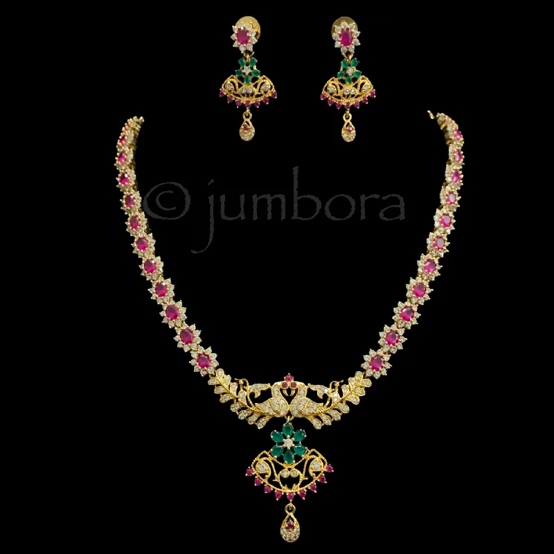 women's classic chain necklaces-Elegant Peacock Ruby & Emerald AD Zircon (CZ) Necklace