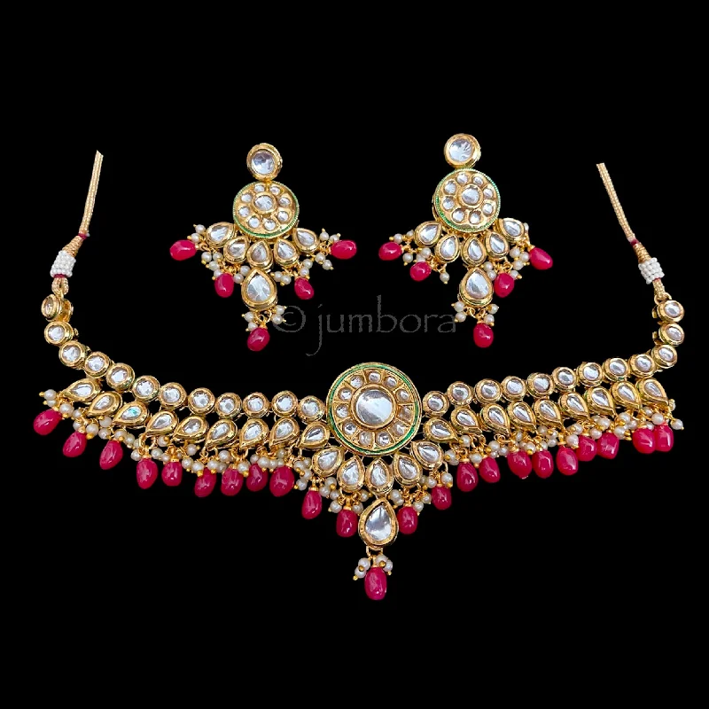 women's chain necklaces-Kundan Choker-Style Necklace with Earrings