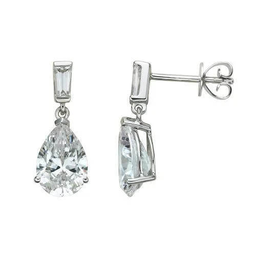 women's opal earrings-Pear and Baguette drop earrings with 3.9 carats* of diamond simulants in 10 carat white gold