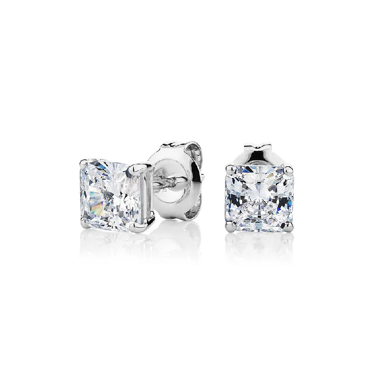 women's infinity earrings-Princess Cut stud earrings with 1.5 carats* of diamond simulants in 10 carat white gold