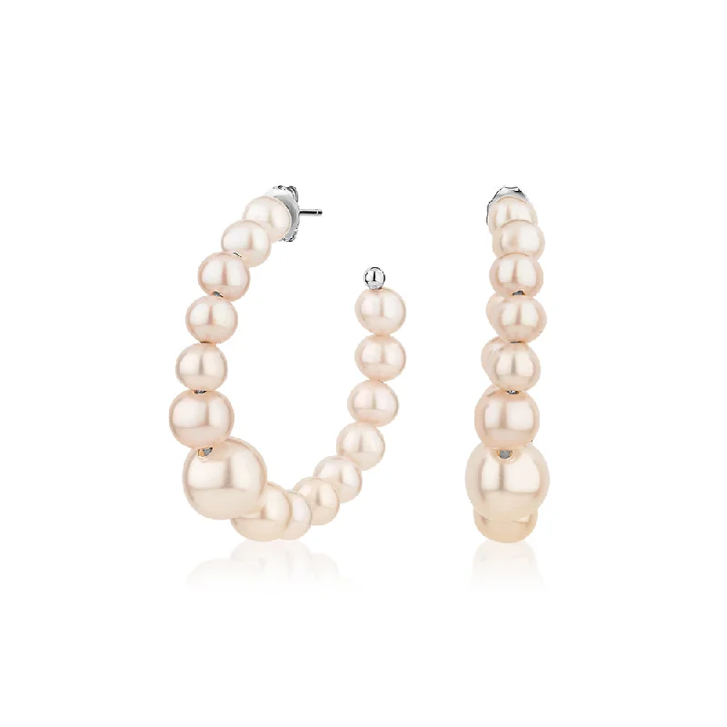 women's custom-made earrings-Cultured freshwater pearl hoop earrings in sterling silver