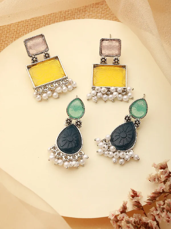 women's statement gemstone earrings-Set Of 2 Silver-Plated Geometric & Square Stone Studded & Beaded Drop Earrings