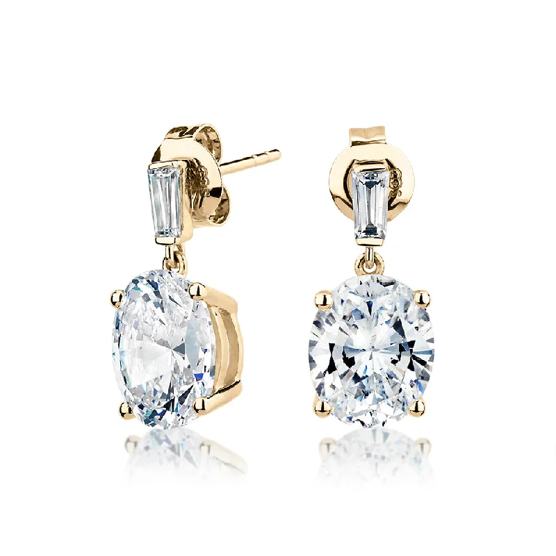 women's floral earrings-Oval and Baguette drop earrings with 5.50 carats* of diamond simulants in 10 carat yellow gold